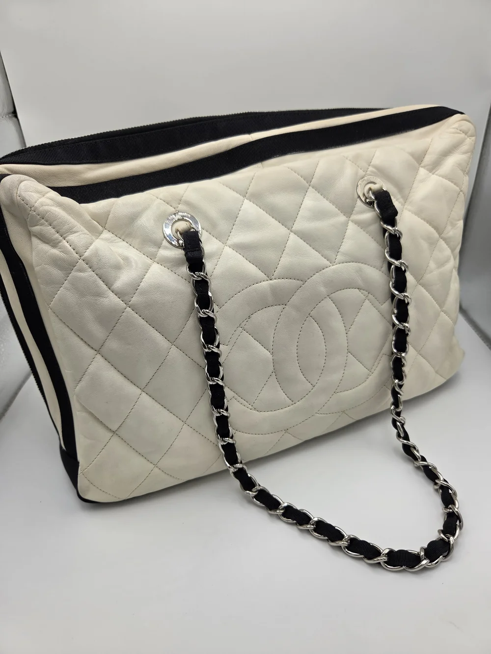 Vintage CHANEL Quilted Shopping Tote White & Black Purse